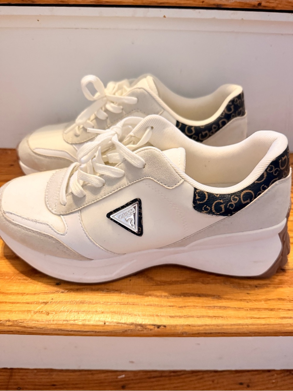Guess White Platform Sneakers with Navy Logo Panel